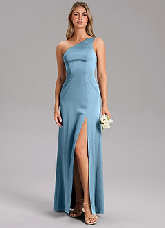 Azazie Feby Bridesmaid Dresses Steel Blue A-Line One Shoulder Stretch Satin Dress image3