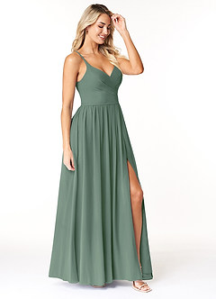 Azazie Dominic Brautjungfernkleider A-Linie V-Hals Gefaltet Chiffon Kleid Eukalyptus image4