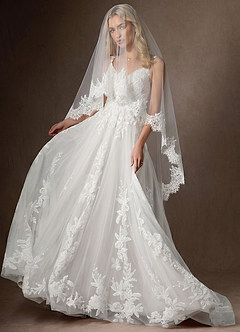 front Floral Lace Edge Two Tier Fingertip Wedding Veil with Blusher