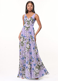 Azazie Keyla Robes de demoiselle d'honneur Robe Trapèze en Mousseline de soie Col V plissé Lilas Floral image1