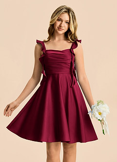 Azazie Kira Junior Burgundy A-Line Ruched Stretch Satin Dress image1