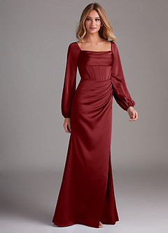 Azazie Charissa Robes de demoiselle d'honneur Robe Fourreau en Satin extensible Manche longue Grenade image6