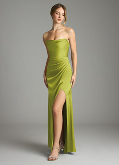 Azazie Leonis Bridesmaid Dresses Lemongrass Mermaid Pleated Stretch Satin Convertible Dress image1