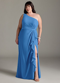 Azazie Liza Vestidos de damas de honor Vestido de Azul Grisaceo de Gasa de Corte Sirena con Hombro unilateral image6
