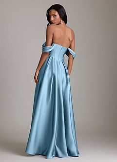 Azazie Loisa Abiti da Damigella Abito A-Line in Raso Elasticizzato a Spalla Scoperta Blu Acciaio image2