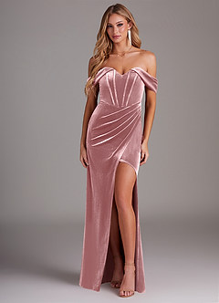 Azazie Jas Bridesmaid Dresses Dusty Rose Sheath Off-The-Shoulder Corset Velvet Convertible Dress image1