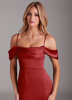 Azazie Saige Bridesmaid Dresses Pomegranate Sheath Off the Shoulder Stretch Satin Dress image2