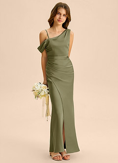 Azazie Madelyn Junior Osłona Zza ramienia Satyna elastyczna Długość podłogi Młodsza druhna Sukienka image4