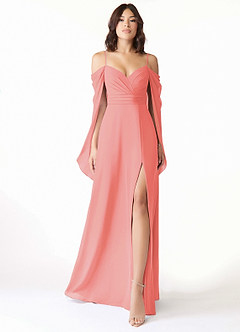 Azazie Cienna Bridesmaid Dresses Coral A-Line Off the Shoulder Chiffon Dress image1