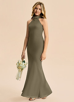 Azazie Velli Junior Syrena Wysoka Kołnierz Szyfon Długość podłogi Młodsza druhna Sukienka image4