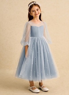 Azazie Trudy Flower Girl Dresses Dusty Blue Ball-Gown Sweetheart Neckline Tulle Dress image1