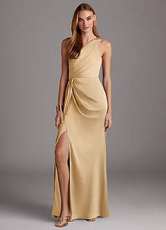 Azazie Mika Jurken voor bruidsmeisjes Jurk van Stretch Satijn met Kolom One-Shoulder Goud image3