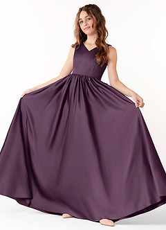 Azazie Hathaway Junior Vestido Ameixa de Cetim elástico de Linha A com Arco image2