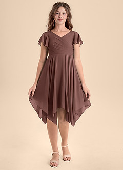 Azazie Janeaurelia Junior Abito A-Line in Chiffon Plissettato Espresso image6