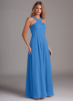Azazie Dixie Bridesmaid Dresses Blue Jay A-Line Halter Pleated Chiffon Dress image4
