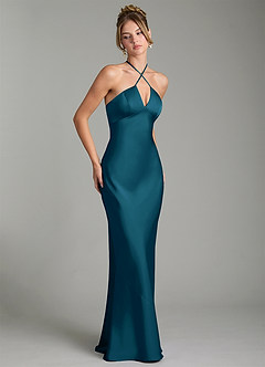 Azazie Camille Bridesmaid Dresses Ink Blue Sheath Side Slit Stretch Satin Dress image3