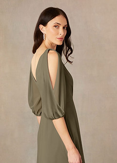 Azazie Bronwyn vestidos de madre de la novia Vestido de Verde Sauce de Gasa de Corte En A con Cuello de pico fruncido image5