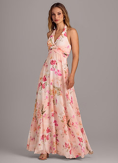 Azazie Tessie Robes de demoiselle d'honneur Robe Trapèze en Mousseline de soie Col V plissé Bouquet Florale Abstrait image5