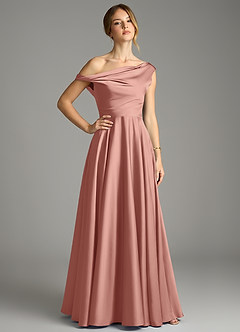 Azazie Xanthe Bridesmaid Dresses Rosette A-Line Off the Shoulder Stretch Satin Dress image1