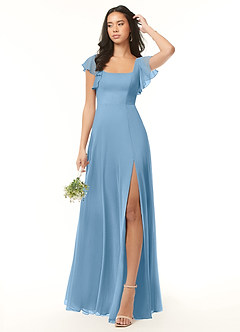 Azazie Bondi Bridesmaid Dresses Steel Blue A-Line Ruffled Chiffon Dress image4