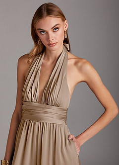 Azazie Oli Robes de demoiselle d'honneur Combinaison en Satin extensible Plissée Taupe image6