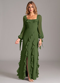 Azazie Candice Bridesmaid Dresses Olive A-Line Long Sleeve Chiffon Dress image1