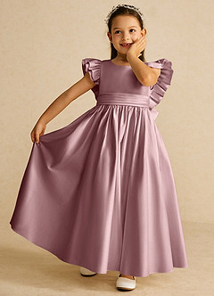 Azazie Piglette Robe Demoiselle D'honneur Fillette Robe Trapèze en Mat Satiné Arc Rose Poussiéreuse image6