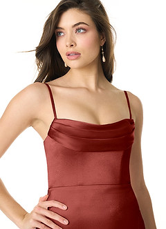 Azazie Liv Bridesmaid Dresses Terracotta Sheath Off the Shoulder Metallic Satin Convertible Dress image2