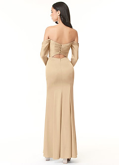Azazie Hallie Bridesmaid Dresses Champagne Sheath Off-The-Shoulder Long Sleeve Stretch Satin Convertible Dress image4
