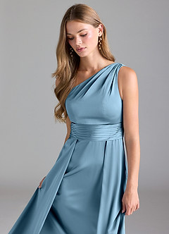 Azazie Dallas Vestidos de damas de honor Vestido de Azul Acero de Satén Elástico de Corte en A con Hombro unilateral image6