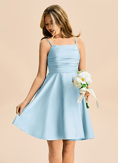 Azazie Miko Junior Sky Blue A-Line Pleated Stretch Satin Dress image4