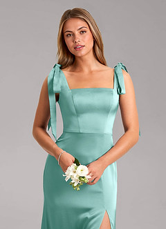 Azazie Frostine Bridesmaid Dresses Aqua A-Line Bow Stretch Satin Dress image4