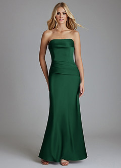 Azazie Lenya Bridesmaid Dresses Dark Green Sheath Pleated Stretch Satin Dress image1