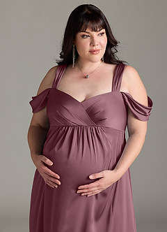 Azazie Rhea Vestidos de prueba en casa Vestido Línea A Off The Shoulder Plisado Hasta el suelo Satén Elástico image11