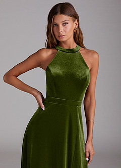 Azazie Clarice Bridesmaid Dresses Olive A-Line Side Slit Velvet Dress image5
