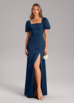 Azazie Fyona Vestidos de damas de honor Vestido de Azul Marino Oscuro de Satén Elástico de Corte en A con Plisado image3