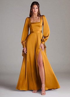 Azazie Leonia Bridesmaid Dresses Butterscotch A-Line Long Sleeve Stretch Satin Dress image1