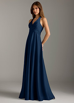 Azazie Tessie Bridesmaid Dresses Dark Navy A-Line Pleated Stretch Satin Dress image5