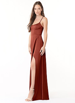 Azazie Halsey Bridesmaid Dresses Terracotta Sheath Side Slit Stretch Satin Dress image4