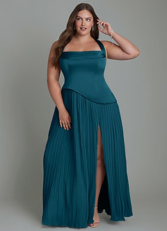 Azazie Stephanie Robes de demoiselle d'honneur Robe Trapèze en Satin extensible Plissé Bleu Encre image7