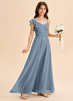 Azazie Kelsea Junior Vestido de Azul Polvoriento de Gasa de Corte en A con Volante image3