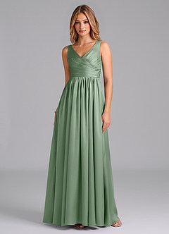 Azazie Keyla Vestidos de damas de honor Vestido de Matcha de Satén Elástico de Corte en A con Plisado image1
