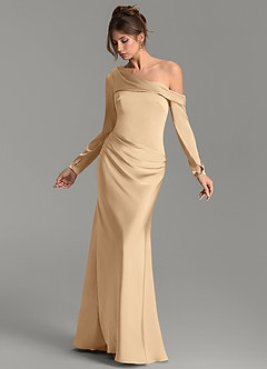 Azazie Sandra Bridesmaid Dresses Champagne Mermaid Long Sleeve Stretch Satin Dress image3