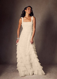Azazie Zariah Wedding Dresses Champagne A-Line Ruched Tulle Dress image1