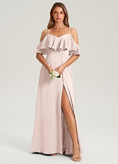 Azazie Jean Bridesmaid Dresses Blushing Pink A-Line Off the Shoulder Stretch Satin Dress image1