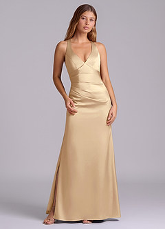 Azazie Amelie Bridesmaid Dresses Champagne A-Line Pleated Stretch Satin Dress image1