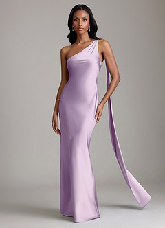 Azazie Juniper Vestidos de madrinha de casamento Vestido Lilás Fosco de Cetim elástico de sereia com Um ombro image4