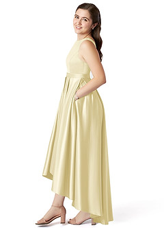 Azazie Inaya Junior Lemon Sorbet A-Line with Belt Stretch Satin Dress image4