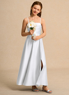 Azazie Pebbles Girl vestidos de niña de las flores Vestido de Blanco de Satin Mate de Corte En A con Plisado image7