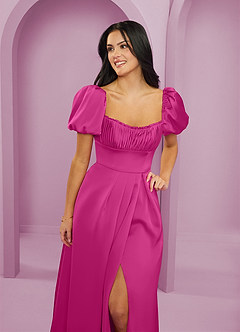 Barbie ♥ Azazie Vestidos de damas de honor Vestido de Fucsia de Satén Elástico de Corte en A con Volante image5